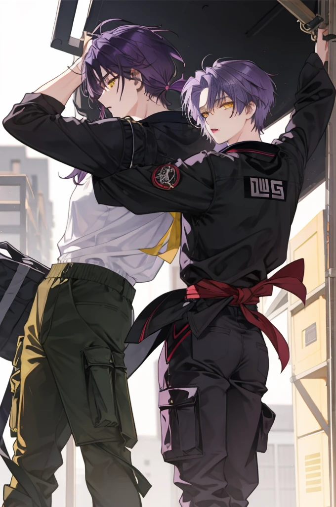 adolescent, purple hair, yellow  eyes, with short hair, but the hair is messy, and is wearing a jiujitsu kimono, and black cargo pants