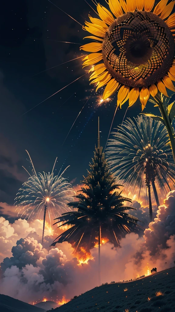 Landscape of sunflower field、firework、firework大会、Rainbow colorsのfireworkが打ちあがっている瞬間、夜nullとともに、、サイバーパンクなひまわり景色で壮大なfirework、future都市、Highest quality、masterpiece, (Diffuse reflection of light:1.2), When the fantastic rainbow turns into shadow, bathed in a mystical atmosphere, Cast magic spells. evoke a sense of wonder and awe. A fusion of natural grandeur and magic, Weaving dreams into reality. Behold, null, And the unknown, Fleeting、And an eternal moment, 16K, Ultra-high resolution.Realistic, Ultra-high resolution, to be born,future、Rainbow colorsに光り輝く、Rainbow colors、The world 30 years from now。