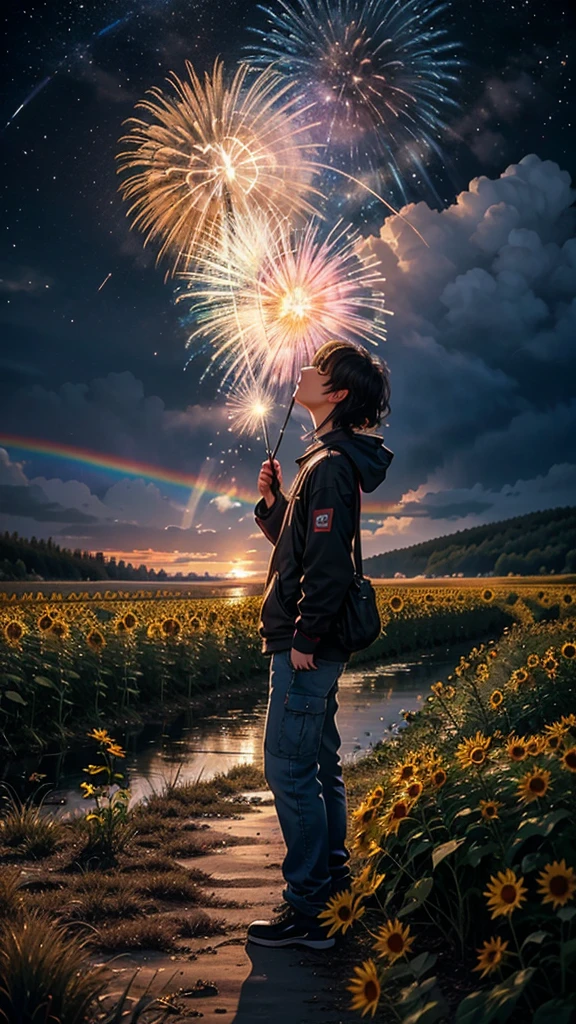 Landscape of sunflower field、firework、firework大会、Rainbow colorsのfireworkが打ちあがっている瞬間、夜nullとともに、、サイバーパンクなひまわり景色で壮大なfirework、future都市、Highest quality、masterpiece, (Diffuse reflection of light:1.2), When the fantastic rainbow turns into shadow, bathed in a mystical atmosphere, Cast magic spells. evoke a sense of wonder and awe. A fusion of natural grandeur and magic, Weaving dreams into reality. Behold, null, And the unknown, Fleeting、And an eternal moment, 16K, Ultra-high resolution.Realistic, Ultra-high resolution, to be born,future、Rainbow colorsに光り輝く、Rainbow colors、The world 30 years from now。