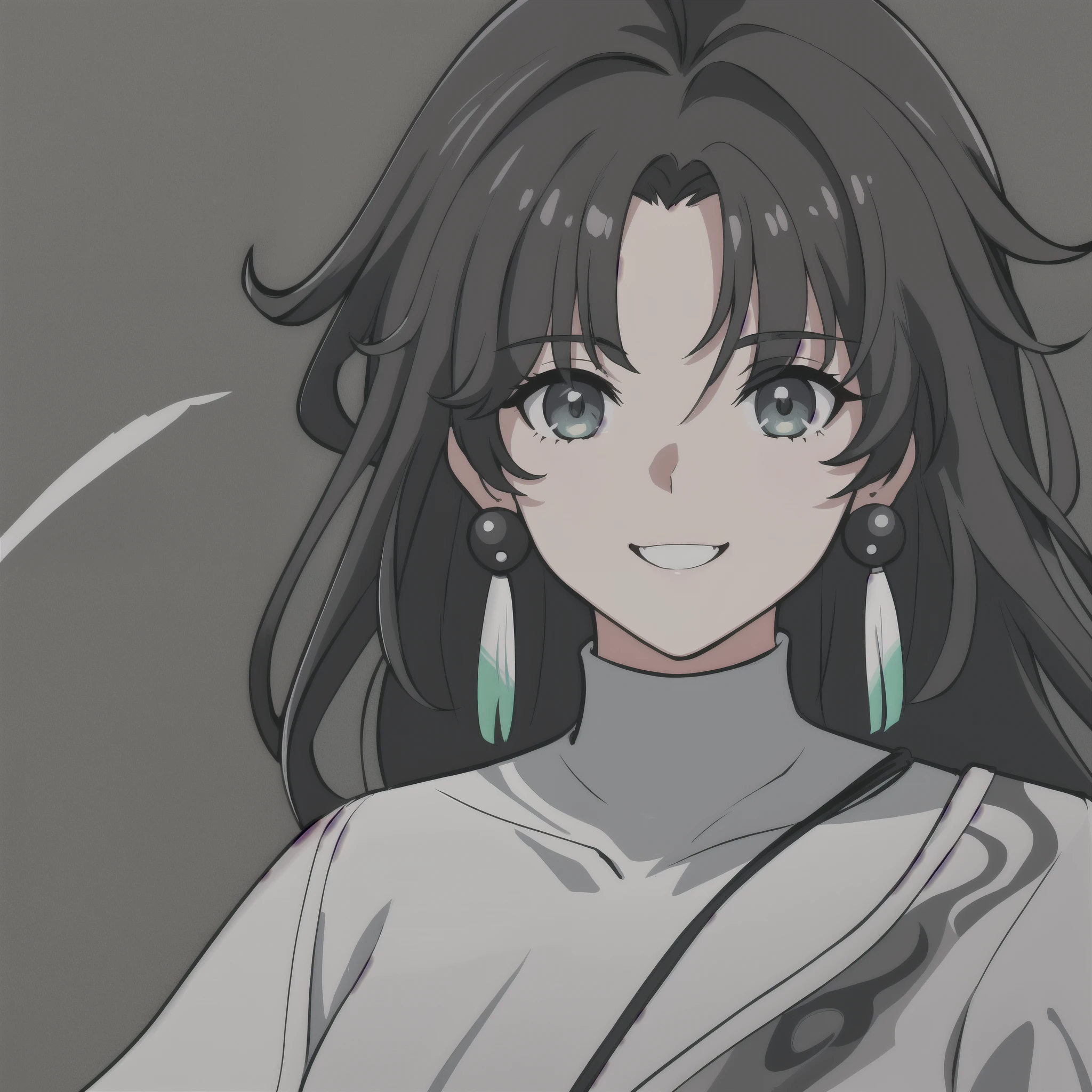 anime girl, smiling, black hair, white highlights, jianxin, wuthering waves, jianxin wuthering waves, grey eyes, green shirt, 1girl, masterpiece, (beautiful and aesthetic:1. 5), thick black lineart, clean lineart, perfect lineart, variable lineart, thick lineart, clean anime outlines, intense line art, bold lineart, sharp lineart, heavy lineart, line art, best quality, high quality, high details, super detail, best quality, ultra-detailed, colourful, saturated colours, dynamic lighting, HD,