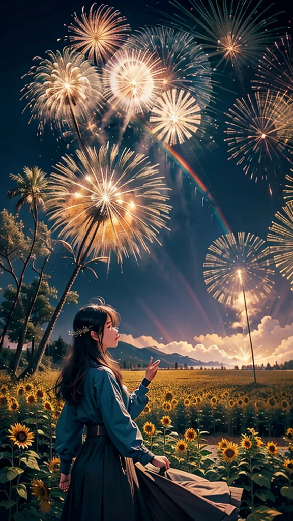 Landscape of sunflower field、firework、firework大会、Rainbow colorsのfireworkが打ちあがっている瞬間、夜nullとともに、、サイバーパンクなひまわり景色で壮大なfirework、future都市、Highest quality、masterpiece, (Diffuse reflection of light:1.2), When the fantastic rainbow turns into shadow, bathed in a mystical atmosphere, Cast magic spells. evoke a sense of wonder and awe. A fusion of natural grandeur and magic, Weaving dreams into reality. Behold, null, And the unknown, Fleeting、And an eternal moment, 16K, Ultra-high resolution.Realistic, Ultra-high resolution, to be born,future、Rainbow colorsに光り輝く、Rainbow colors、The world 30 years from now。