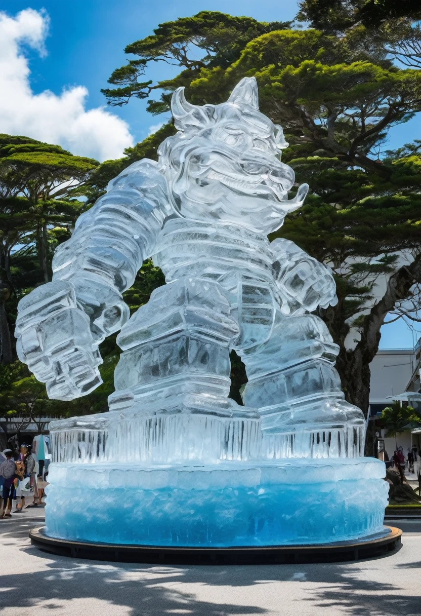A giant ice sculpture of Okinawa's shisa is being made.、photograph、Realistic、Looking up from below、In Naha、