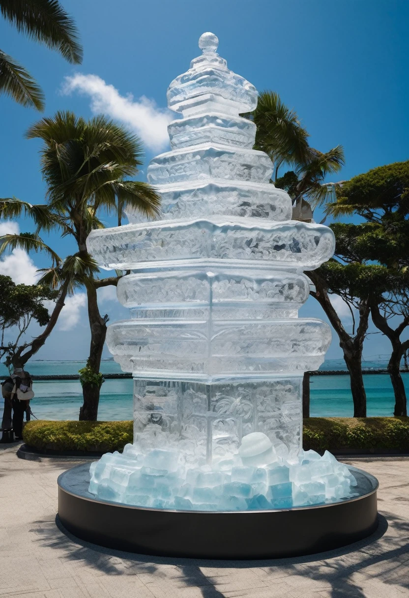 A giant ice sculpture of Okinawa's shisa is being made.、photograph、Realistic、Looking up from below、In Naha、
