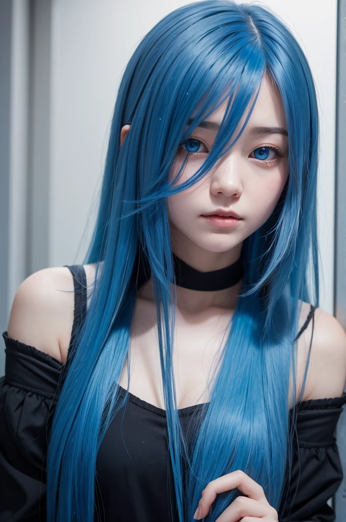 Sadness playfully lies with long hair with blue highlights as a