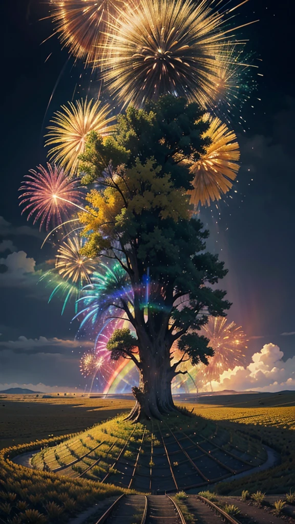 Landscape of sunflower field、firework、firework大会、Rainbow colorsのfireworkが打ちあがっている瞬間、夜nullとともに、、サイバーパンクなひまわり景色で壮大なfirework、future都市、Highest quality、masterpiece, (Diffuse reflection of light:1.2), When the fantastic rainbow turns into shadow, bathed in a mystical atmosphere, Cast magic spells. evoke a sense of wonder and awe. A fusion of natural grandeur and magic, Weaving dreams into reality. Behold, null, And the unknown, Fleeting、And an eternal moment, 16K, Ultra-high resolution.Realistic, Ultra-high resolution, to be born,future、Rainbow colorsに光り輝く、Rainbow colors、The world 30 years from now。