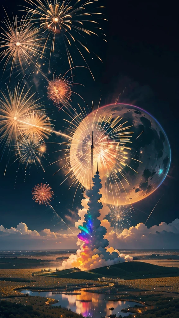 Landscape of sunflower field、firework、firework大会、Rainbow colorsのfireworkが打ちあがっている瞬間、夜nullとともに、、サイバーパンクなひまわり景色で壮大なfirework、future都市、Highest quality、masterpiece, (Diffuse reflection of light:1.2), When the fantastic rainbow turns into shadow, bathed in a mystical atmosphere, Cast magic spells. evoke a sense of wonder and awe. A fusion of natural grandeur and magic, Weaving dreams into reality. Behold, null, And the unknown, Fleeting、And an eternal moment, 16K, Ultra-high resolution.Realistic, Ultra-high resolution, to be born,future、Rainbow colorsに光り輝く、Rainbow colors、The world 30 years from now。