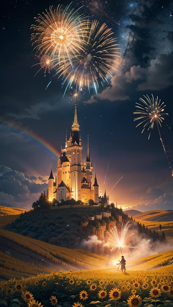 Landscape of sunflower field、firework、firework大会、Rainbow colorsのfireworkが打ちあがっている瞬間、夜nullとともに、、サイバーパンクなひまわり景色で壮大なfirework、future都市、Highest quality、masterpiece, (Diffuse reflection of light:1.2), When the fantastic rainbow turns into shadow, bathed in a mystical atmosphere, Cast magic spells. evoke a sense of wonder and awe. A fusion of natural grandeur and magic, Weaving dreams into reality. Behold, null, And the unknown, Fleeting、And an eternal moment, 16K, Ultra-high resolution.Realistic, Ultra-high resolution, to be born,future、Rainbow colorsに光り輝く、Rainbow colors、The world 30 years from now。