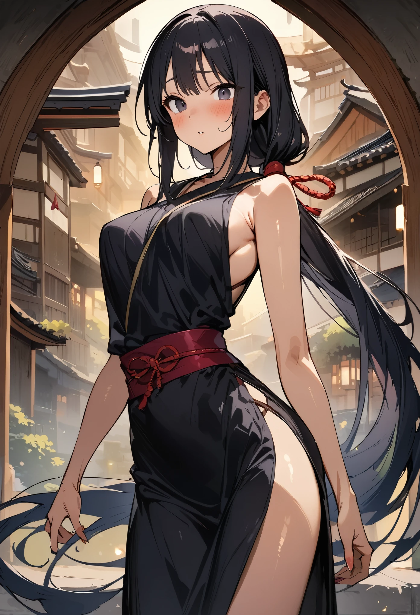((masterpiece,Highest quality;1.3,best illustration)),cowboy shot,1woman、独奏,30 year old beauty,((very small head:1.3)),black hair,(low ponytail),long hair,bangs,black eyes,gorgeous eyes,blush,medium breasts,(very long body:1.3),(toned body,slender body,skinny),gleaming skin,shiny skin,oily skin,(Female Ninja Costume、No sleeve,Side slits,Black kimono、medieval Japan、