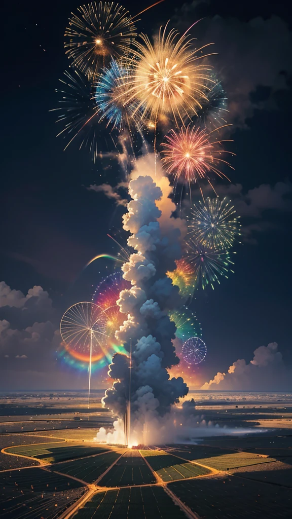 Landscape of sunflower field、firework、firework大会、Rainbow colorsのfireworkが打ちあがっている瞬間、夜nullとともに、、サイバーパンクなひまわり景色で壮大なfirework、future都市、Highest quality、masterpiece, (Diffuse reflection of light:1.2), When the fantastic rainbow turns into shadow, bathed in a mystical atmosphere, Cast magic spells. evoke a sense of wonder and awe. A fusion of natural grandeur and magic, Weaving dreams into reality. Behold, null, And the unknown, Fleeting、And an eternal moment, 16K, Ultra-high resolution.Realistic, Ultra-high resolution, to be born,future、Rainbow colorsに光り輝く、Rainbow colors、The world 30 years from now。