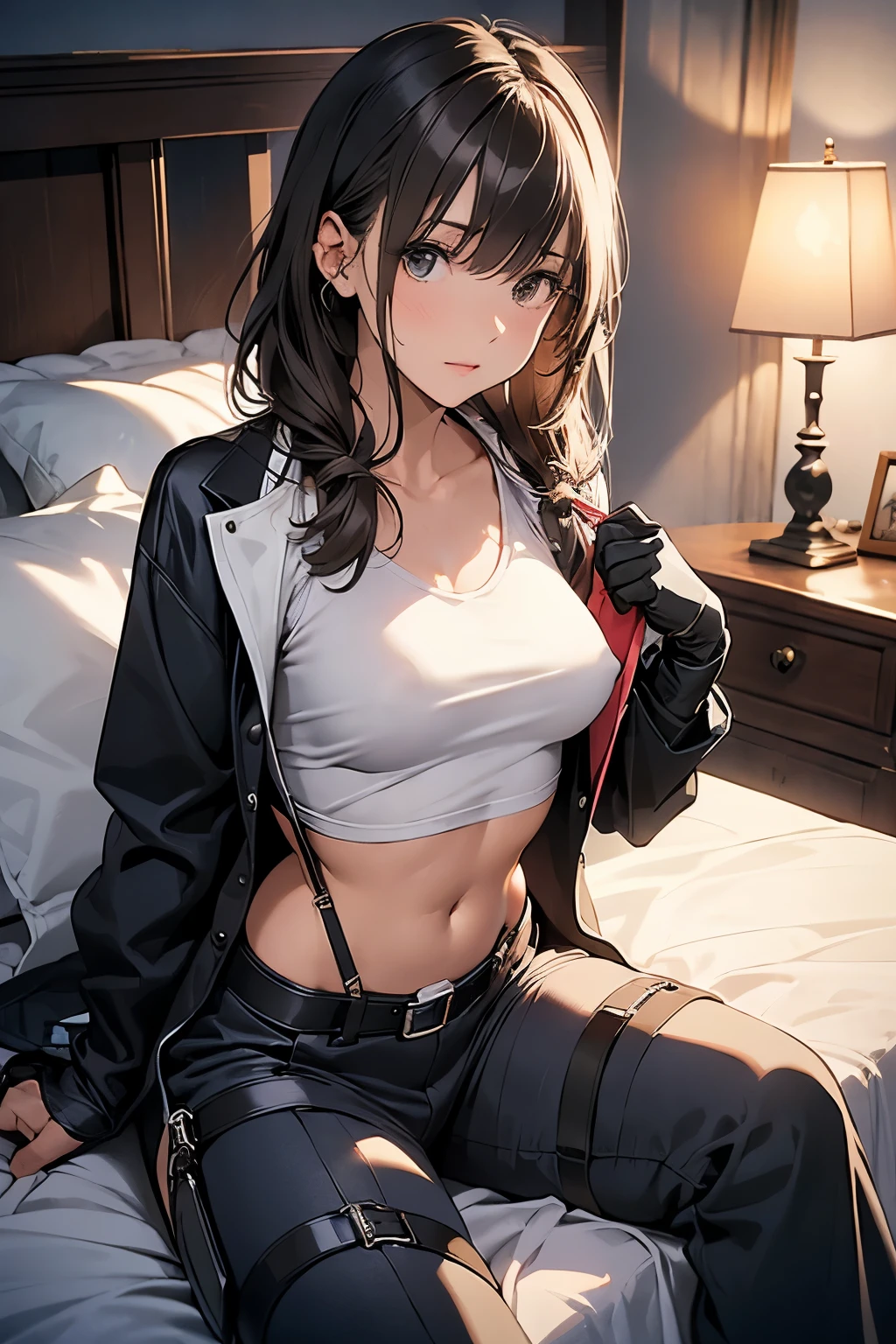 suspenders　　　Moderate breasts　 　 　　　　Small face　 　　　holster　　　Beautiful woman　　　　 Lying in bed　Looking up　　　　Sweat 　　　belt　summer　脇Sweat 　Black Hole Gloves　suit　shirt　　Black jacket　 Black trousers　Leg Links　ズボンにbelt　No bra　holster　Nipples show through the top of clothes