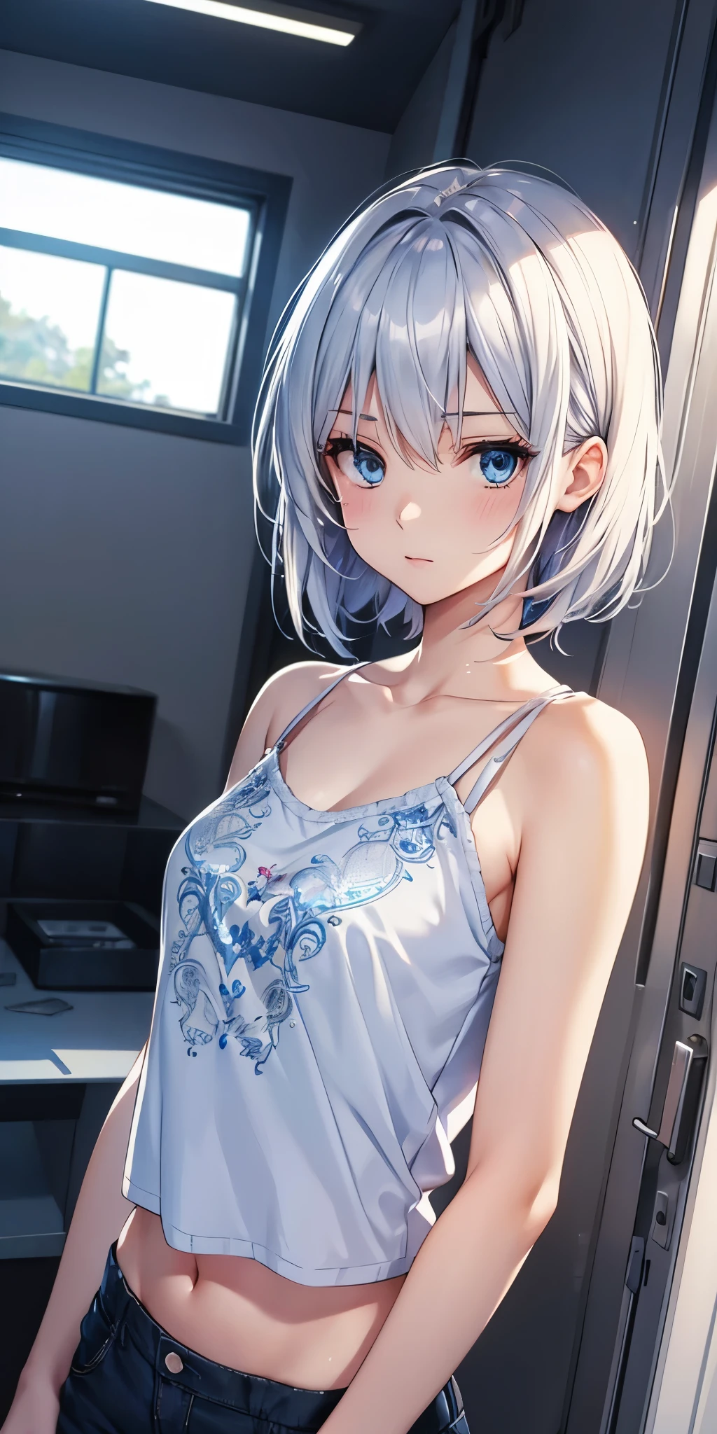 Masterpiece, Best Quality, Ultra Detail, Beautiful Lighting, One Girl, Bed at Home, Cool Lighting, Short White Hair, Light Blue Eyes, Blank Expression, Underwear, Watch Audience, (Loli, Petite, , Elementary School  Seiza