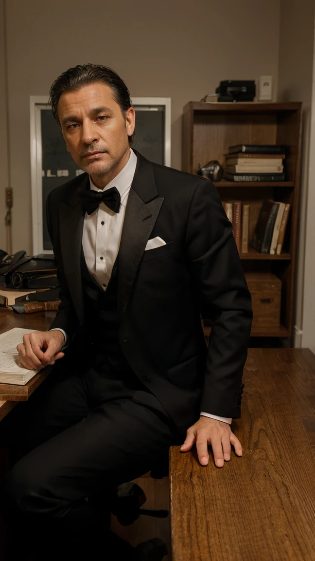 A man 45 years old sitting behind desk, wearing tuxedo, book self background, mafia scenes, 