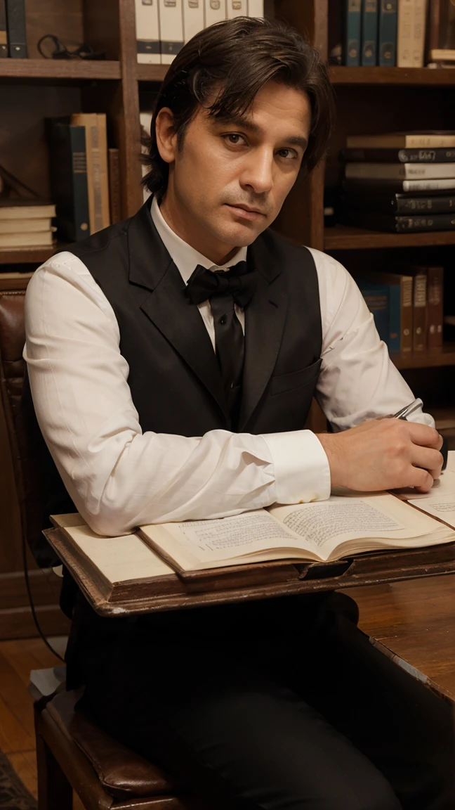 A man 45 years old sitting behind desk, wearing tuxedo, book self background, mafia scenes,