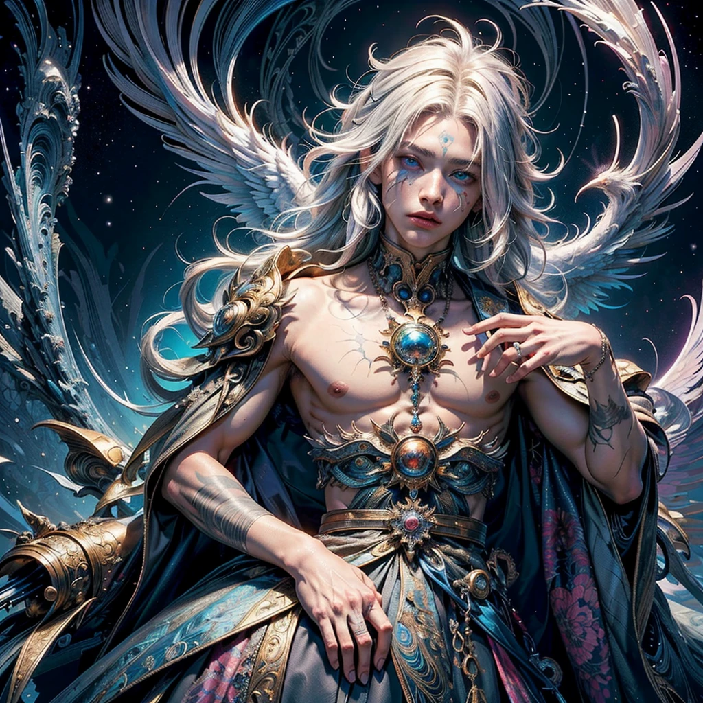 (masterpiece, top quality, best quality, official art, beautiful and aesthetic:1.2), (1boy - Seraphim), extreme detailed,(fractal art:1.3),colorful,highest detailed. (platinum fluffy hair down to the middle of the neck, scars on the face in the middle and lip, heterochromia), (man, he/his/him), (hot man, muscular build, manly tired face)
