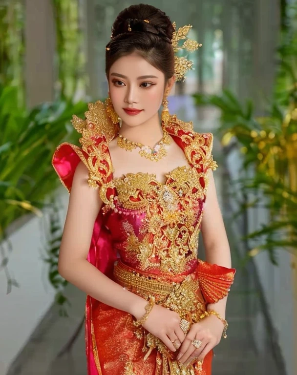 a close up of a woman in a pink dress with a gold ผ้าคลุมไหล่, Sukhothai dress, traditional beauty, Covered with purple and gold silk., Decorated with purple and gold silk., Niwan Chandra, traditional art, traditional outfit, According to Thawan Duchanee&#39;s style, Wear elegant clothes, Shawl. Araffe woman in gold dress. Araffe woman, ผู้หญิงlong hairชาวเอเชียตะวันออกเฉียงใต้ที่มีใบหน้ากลม,  Large bust measures 38 inches., Warm light, morning sun,  long hair,black eyes,abdominal muscles, The body is beautiful and strong., thick hips, rounded chest, (digital painting, HDR, high contrast), 3d, 8K, 45,000,000 pixcls,Asian girl, Gorgeous Chinese model, Japanese model, beautiful asian woman, Japanese goddess, Very beautiful girl., beautiful young woman, very beautiful woman, Attractive and beautiful, sexy girl, Asian girl, beautiful female model, jaw-dropping beauty, Attractive, sexy, seductive face and body