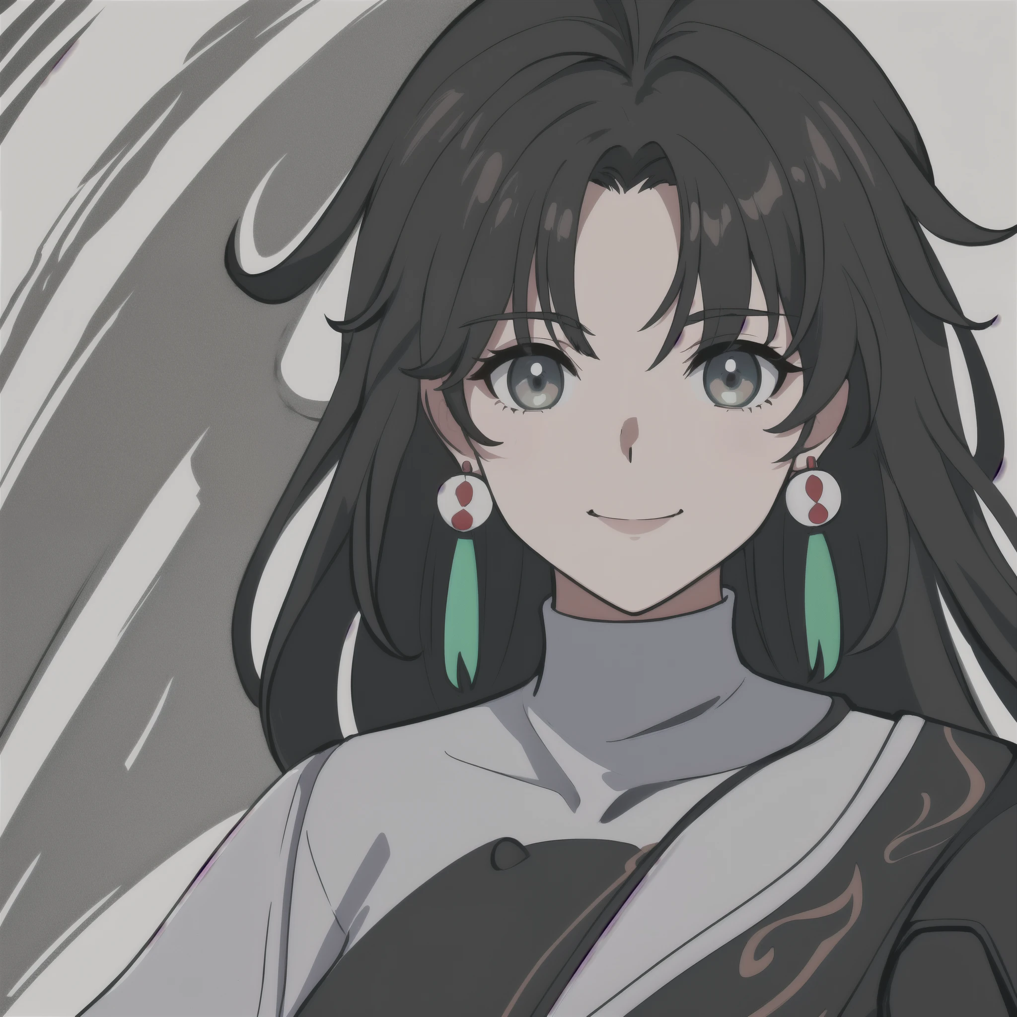 anime girl, smiling, black hair, white highlights, jianxin, wuthering waves, jianxin wuthering waves, grey eyes, green shirt, 1girl, masterpiece, (beautiful and aesthetic:1. 5), thick black lineart, clean lineart, perfect lineart, variable lineart, thick lineart, clean anime outlines, intense line art, bold lineart, sharp lineart, heavy lineart, line art, best quality, high quality, high details, super detail, best quality, ultra-detailed, colourful, saturated colours, dynamic lighting, HD,