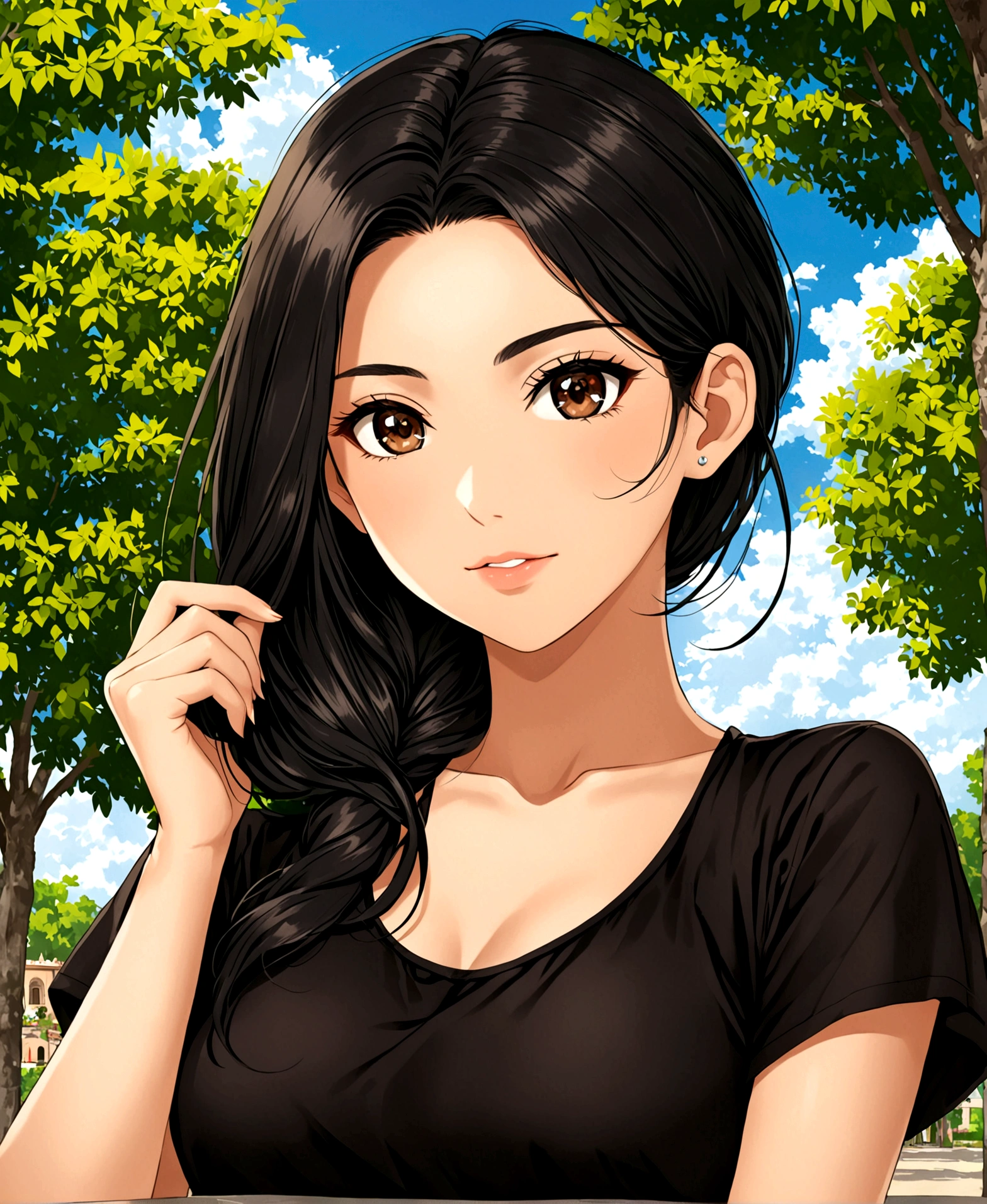 /(perfect and detailed hands, highly detailed and perfect fingers, perfect and detailed triangular face, beautiful, perfectly proportioned and highly detailed body,), /(A beautiful Mexican girl, with a nonchalant expression on her face and fine, perfect features, in the park of a magical town in Mexico, 20 years old, jet black hair combed in a ponytail, white skin, with perfectly detailed dark brown eyes,), /(Casual clothing: black short-sleeved full-length dress, short plain skirt,),