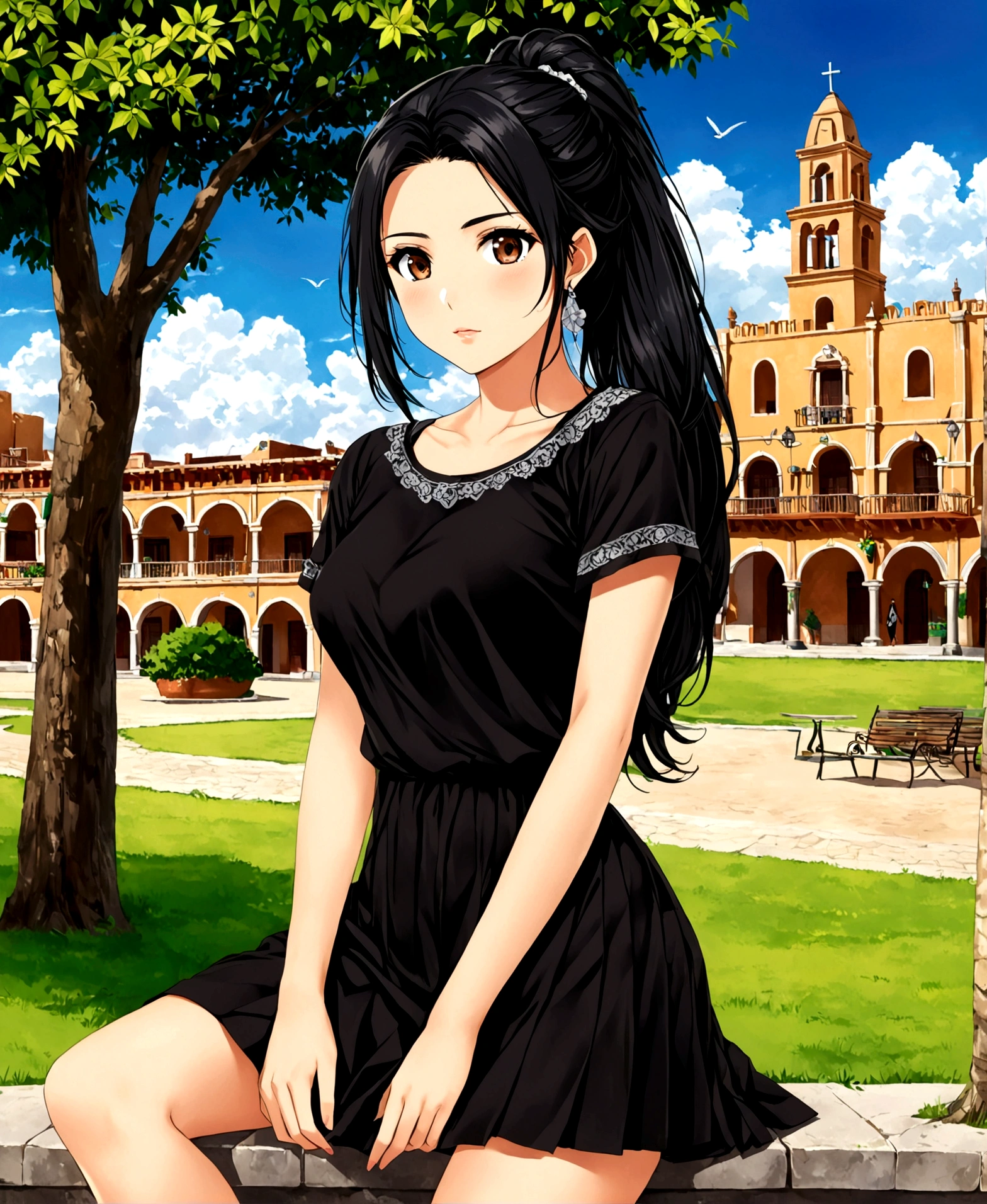 /(perfect and detailed hands, highly detailed and perfect fingers, perfect and detailed triangular face, beautiful, perfectly proportioned and highly detailed body,), /(A beautiful Mexican girl, with a nonchalant expression on her face and fine, perfect features, in the park of a magical town in Mexico, 20 years old, jet black hair combed in a ponytail, white skin, with perfectly detailed dark brown eyes,), /(Casual clothing: black short-sleeved full-length dress, short plain skirt,),