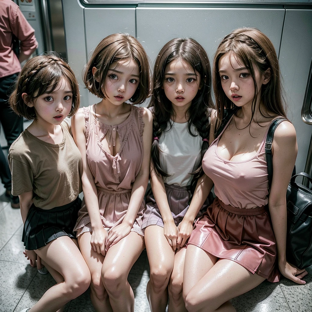 3 scared girls sitting on their knees in a crowded subway age 6 8 years12 years, l and cute, 6 years old big hairthe waist looks innocent crying open mouth view the viewer wet school clothes white blouse flat breasts small nipples showing blouse torn through blouse mini skirt backpack on the floor, 8 years old Bob hair with braa mini blouse wet tight medium breasts show through the blouse nipples through the blouse puffy pink micro tight latex skirt, 12 years old bob hair short red drest huge breasts neglect of pink nipples ultra tight latex dress super short sad look received bukkake. Careless pink nipples showing, bukkake extremo, sem NFSW, (NFSW)