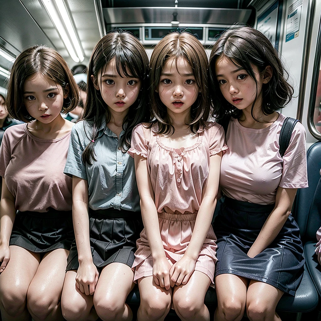 3 scared girls sitting on their knees in a crowded subway age 6  8 years12 years, l and cute, 6 years old big hairthe waist looks innocent crying open mouth view the viewer wet school clothes white blouse flat breasts small nipples showing blouse torn through blouse mini skirt backpack on the floor, 8 years old Bob hair with braa mini blouse wet tight medium breasts show through the blouse nipples through the blouse puffy pink micro tight latex skirt, 12 years old bob hair short red drest huge breasts neglect of pink nipples ultra tight latex dress super short sad look received bukkake. Careless pink nipples showing, bukkake extremo, sem NFSW, (NFSW)