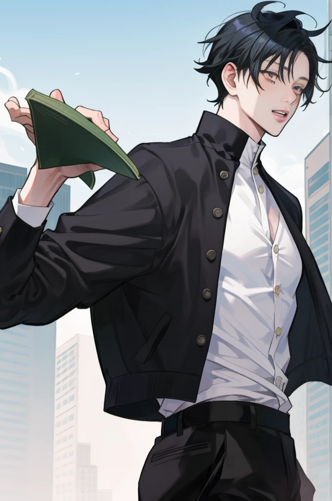 A boy,  man, adolescent, black hair, eyes black, posing, in the costume of the jujutsu school of jujutsu kaisen, with messy hair