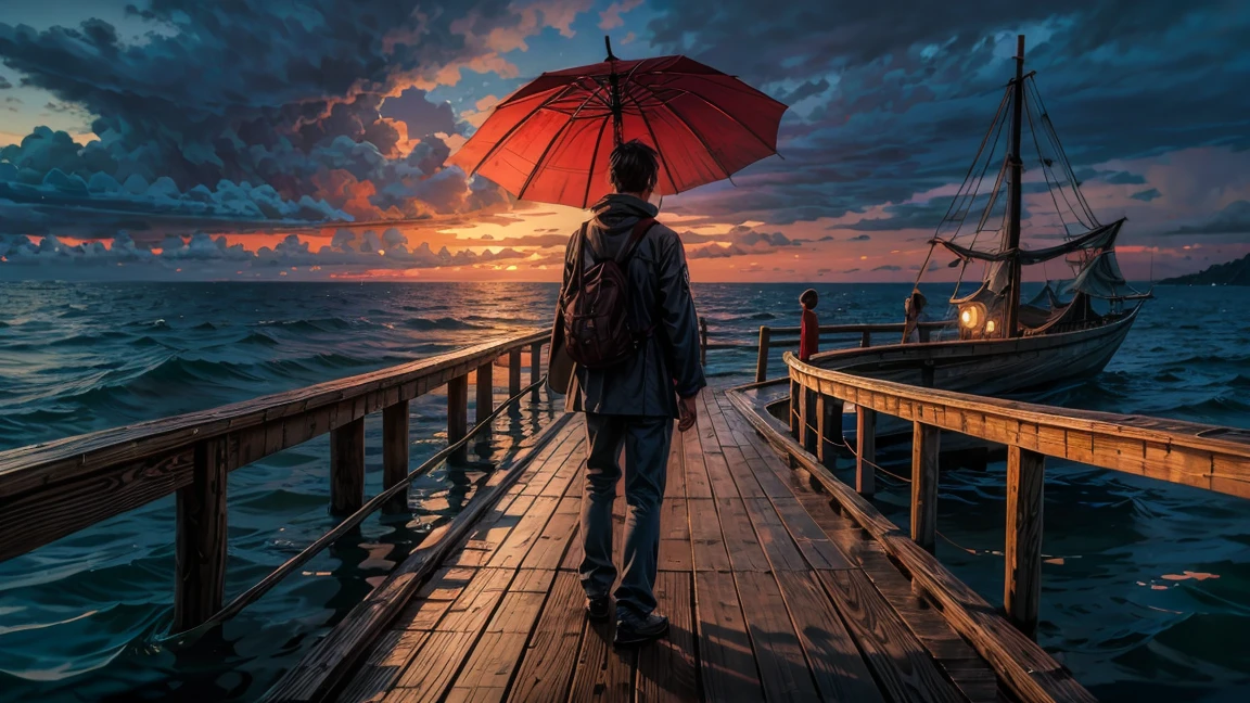 wide and far perspective, an image with a man standing on a wooden dock next to the water, holding an umbrella, The sky should be cloudy, foggy, gloomy, he is wearing clothes dark color, facing forward, In front of them on the dock, vast water, an empty red chair next to him, dim lighting effect, Creating a peaceful and contemplative space, anime, 8k