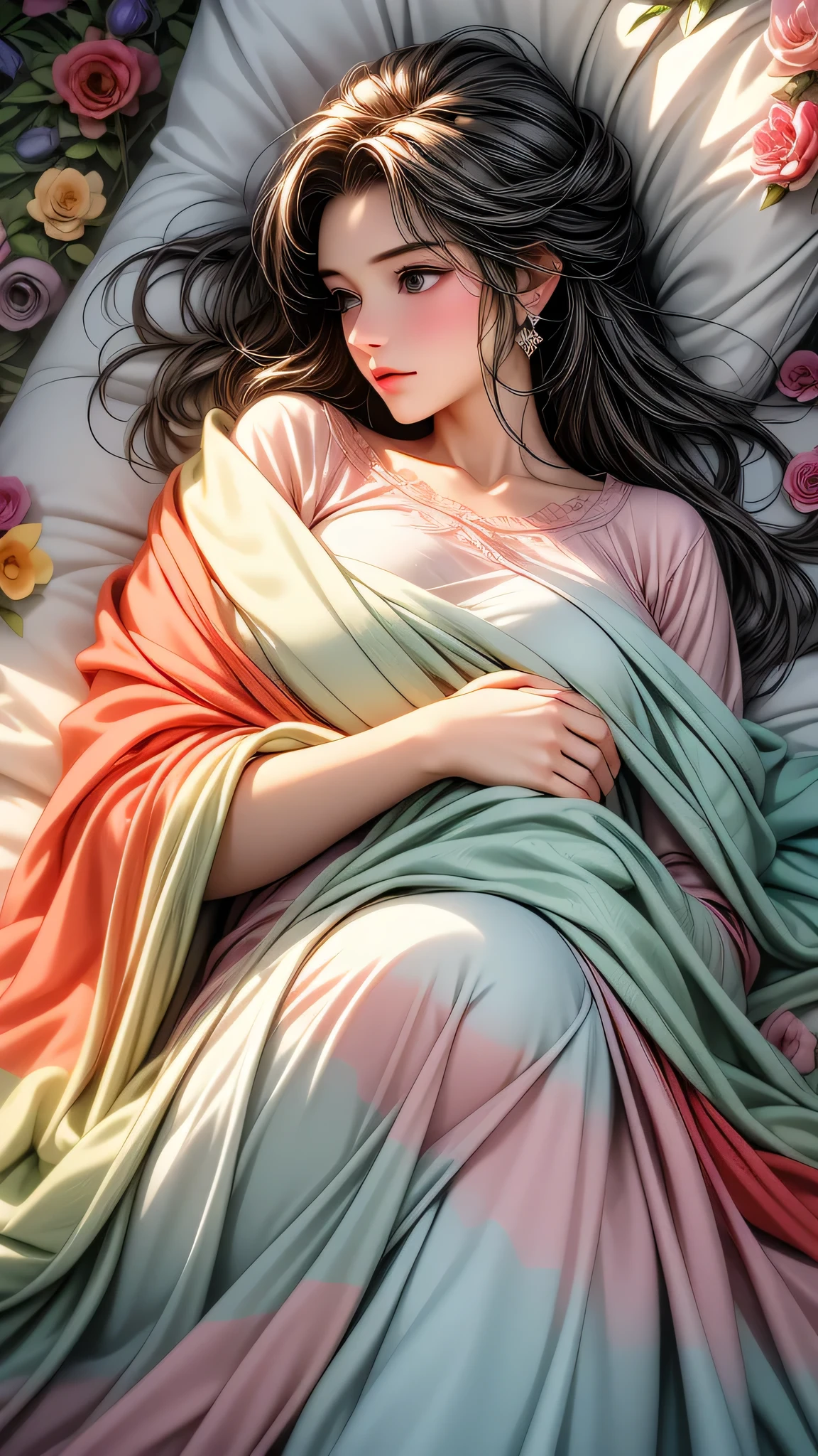 (masterpiece:1.4), (high-quality, high-definition, high-resolution), Realistic style, (primary warm vivid color palette),a beautiful woman with cold,wears warm pajamas, huddled under quilt made of thousands colourful flowers in bed made of thousands colourful flowers too in room full with colourful flowers, (wrapped in a blanket made of thousands colourful flowers, a Smartphone in her hand:1.4), (richly drawn and delicate)