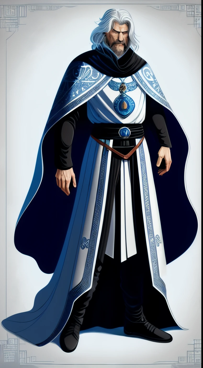 A tall man, Mysterious man,With sharp blue eyes and long, Silver Hair, Wearing a black cape and amulet,There are also ancient, Magic Wand.Game character concept design,White background,Medieval style,Dark style