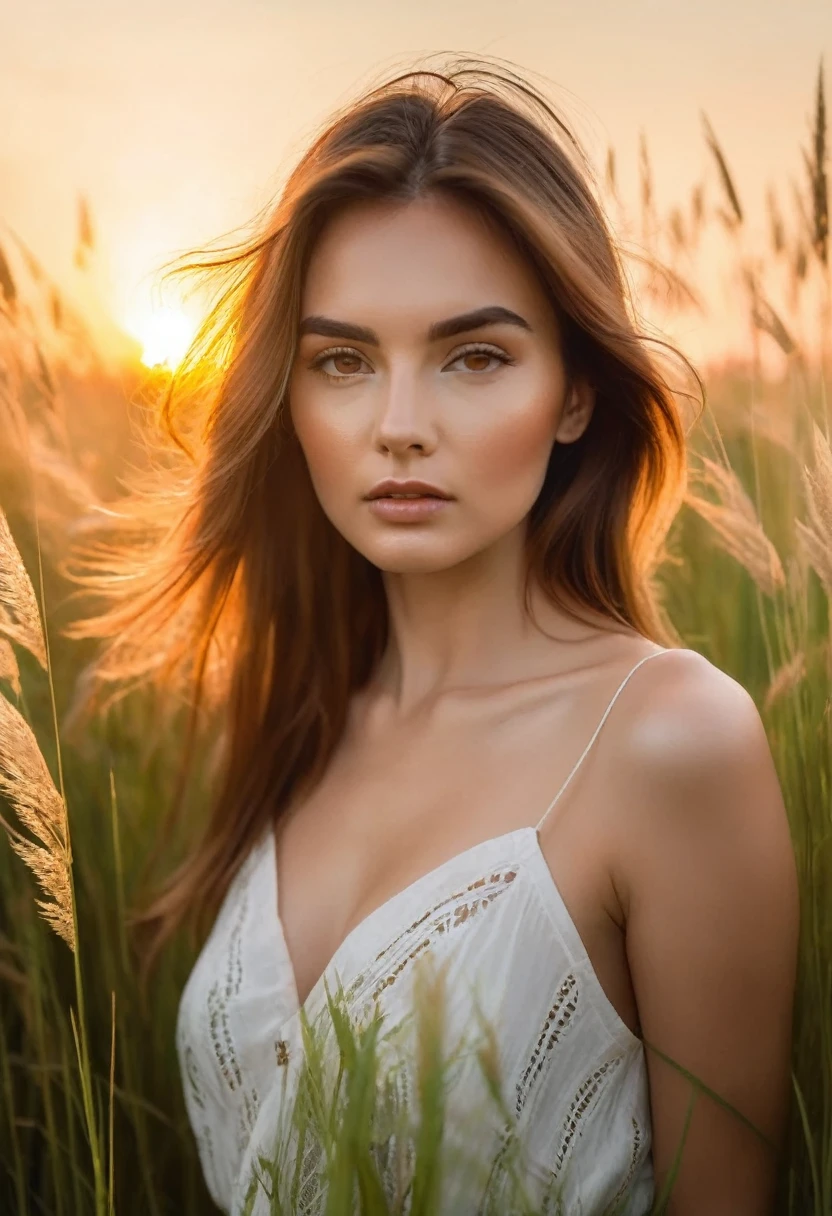 a close up of a woman in a field of tall grass, soft golden hour lighting, photo of a beautiful woman, at golden hour, beautiful portrait photo, beautiful portrait image, backlit beautiful face, shot at golden hour, beautiful model girl, portrait of a beautiful model, beautiful portrait lighting, beautiful female model, golden hour look, soft sunset lighting