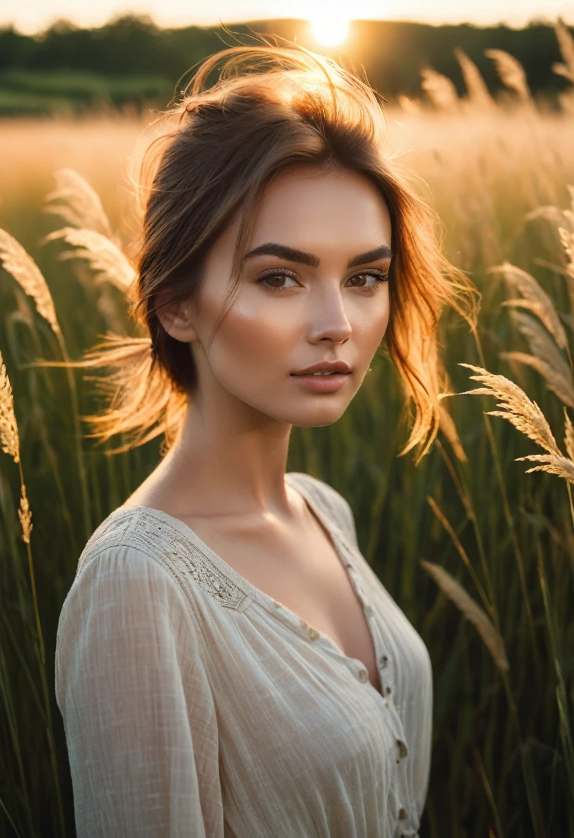 a woman standing in a field of tall grass with the sun setting, gorgeous woman, cinematic beautiful natural skin, attractive woman, attractive girl, photo of a beautiful woman, gorgeous attractive face, extremely beautiful face, in a field, beautiful female model, portrait of a beautiful model, soft portrait shot 8 k, beautiful delicate face, a beautiful young woman, attractive beautiful face
