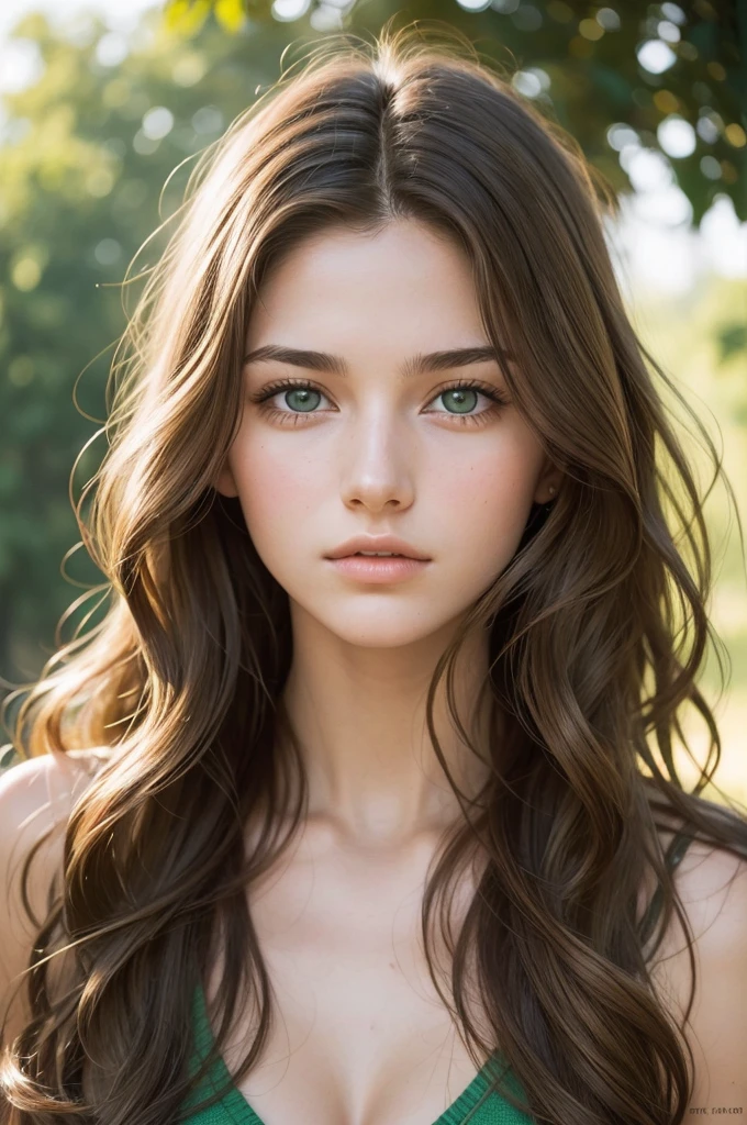 Analog photo of a 20 year old woman, Long Wavy Brown Hair, green eyes, clear skin with highly realistic features, naturallight, com rosto detalhado