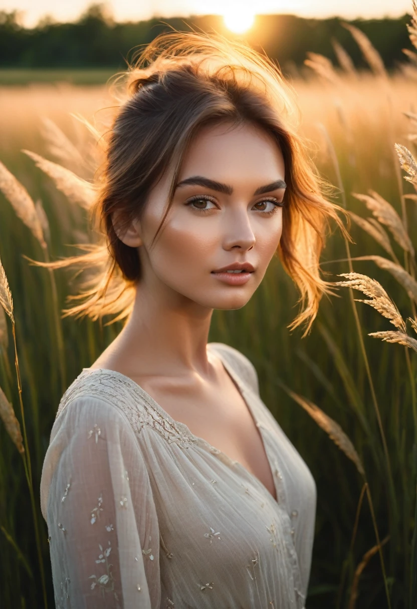 a woman standing in a field of tall grass with the sun setting, gorgeous woman, cinematic beautiful natural skin, attractive woman, attractive girl, photo of a beautiful woman, gorgeous attractive face, extremely beautiful face, in a field, beautiful female model, portrait of a beautiful model, soft portrait shot 8 k, beautiful delicate face, a beautiful young woman, attractive beautiful face
