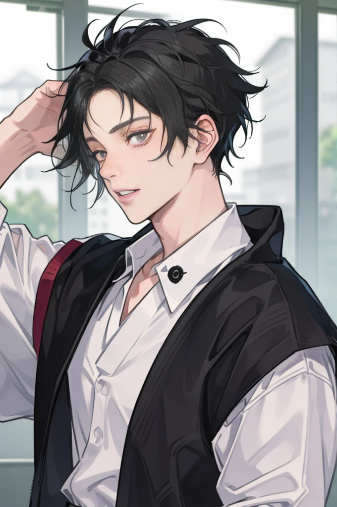 A boy, naughty man, adolescent, black hair, eyes black, posing, in the costume of the jujutsu school of jujutsu kaisen, with messy hair
