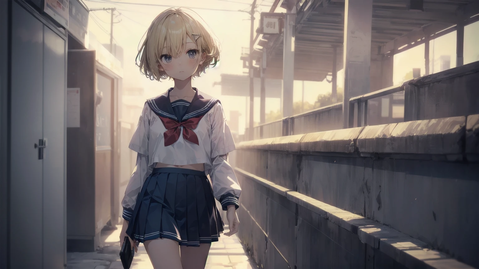 Highest quality, Anime Moe Art Style,Best Anime 8K Konachan Wallpaper,pixiv contest winners,Perfect Anatomy, (Please draw a girl walking sleepily to school..... ),break, 1 Girl, (alone,,,13 years old:1.3),high school student, short hair, amount, (Hair above one eye:1.7),All limbs, Full Finger,Medium Chest, Between the legs, Small eyes,accurate black eyes, Hair Clip, (Sailor suit:1.5),(school uniform:1.5) skirt,On the way to school. break,Very detailed,High resolution,Ultra-Dense Skin, Professional Lighting,8K eye detail, (Cute illustrations:1.2),blonde，blonde hair，Expressionless，(Hair on one eye:1.5)，Sailor suit