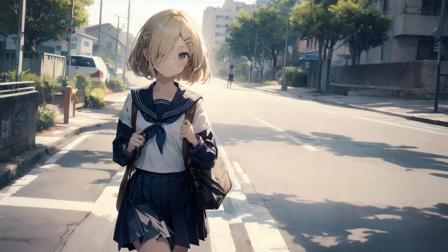 Highest quality, Anime Moe Art Style,Best Anime 8K Konachan Wallpaper,pixiv contest winners,Perfect Anatomy, (Please draw a girl walking sleepily to school..... ),break, 1 Girl, (alone,,,s old:1.3),high school student, short hair, amount, (Hair above one eye:1.7),All limbs, Full Finger,Medium Chest, Between the legs, Small eyes,accurate black eyes, Hair Clip, (Sailor suit:1.5),(school uniform:1.5) skirt,On the way to school. break,Very detailed,High resolution,Ultra-Dense Skin, Professional Lighting,8K eye detail, (Cute illustrations:1.2),blonde,blonde hair,Expressionless,(Hair on one eye:1.5),Sailor suit