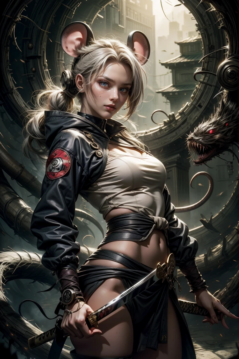 Sexy ninja girl crawling across the floor, with mouse ears silvery white hair, with a katana, and jutsu hand sign