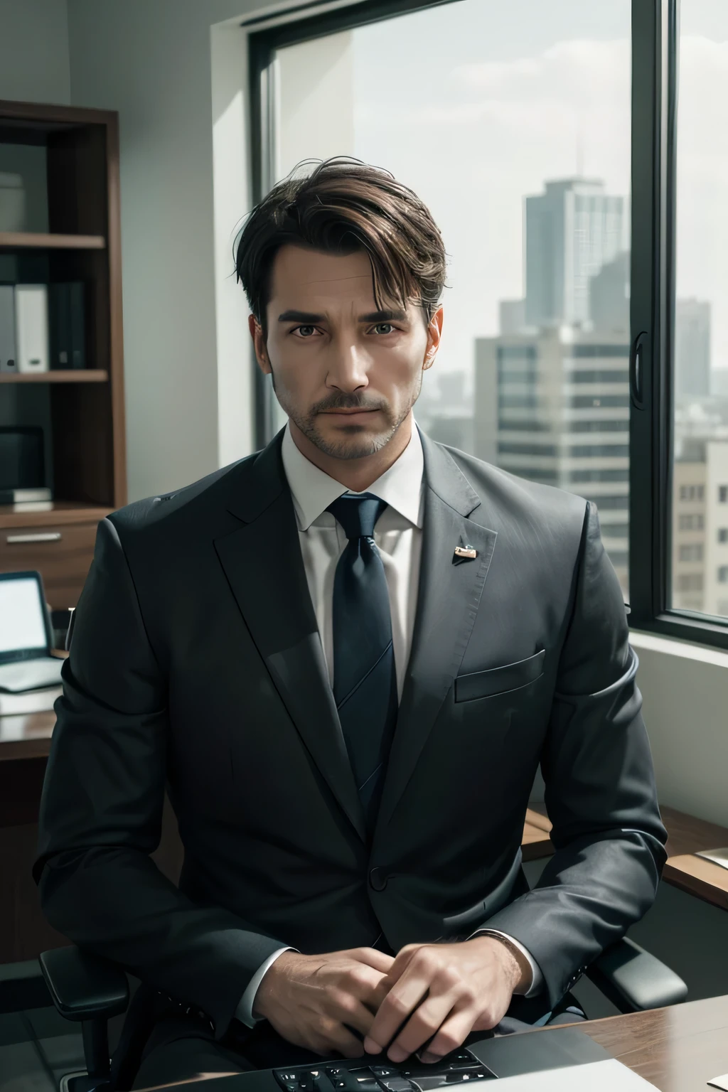 (absurderes, high resolution, ultra detaild), 1 men, grown-up, 45 years old, bonitas, tall, muscular face, broadshouldered, finely-detailed eyes, short black hair, eyes browns, suit and ties, sitting in a fancy office chair behind a black desk with his state-of-the-art laptop open in front of him, inside an office with large glass windows, looking like the buildings outside, there is plenty of sunlight in the room 