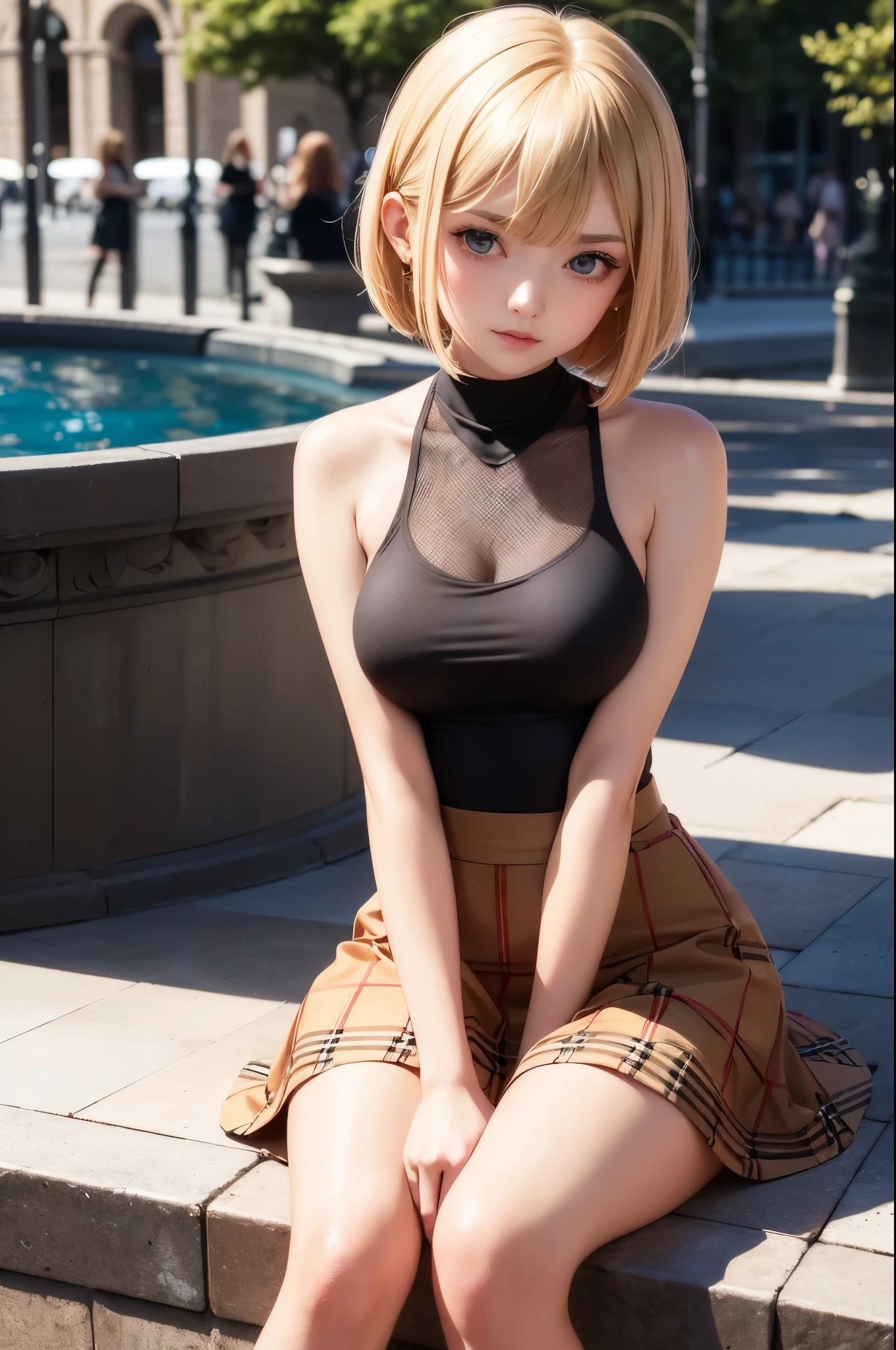 best quality, super fine, 16k, incredibly absurdres, extremely, cute European Caucasian woman, 24 years old, captivating look, aroused expression, blonde long bob cut, wearing Burberry checked skirt, black tank top sweater with braided pattern, superlative body proportion, sitting in fountain plaza
