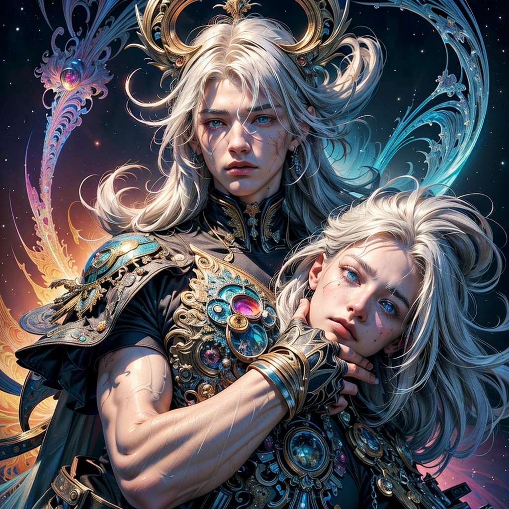 (masterpiece, top quality, best quality, official art, beautiful and aesthetic:1.2), (1boy - Seraphim), extreme detailed,(fractal art:1.3),colorful,highest detailed. (platinum fluffy hair down to the middle of the neck, scars on the face in the middle and lip, heterochromia), (man, he/his/him), (hot man, muscular build, manly tired face)