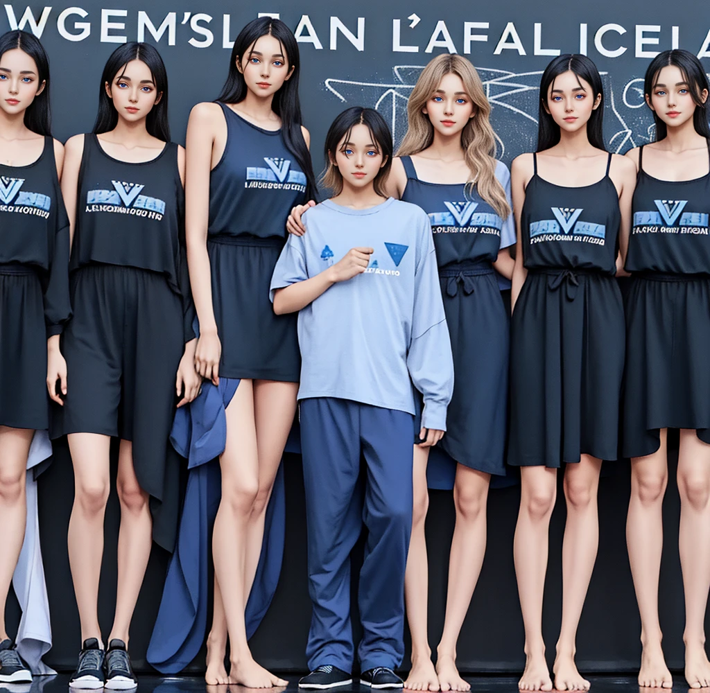 Three tall girls on the lfe left, three tall girls in the right, short man in the middle, the girls are much taller than the man, girls have big and cleavage, girls are wearing black, man is wearing blue shirt, girls are standing barefoot, man is wearing shoes,
