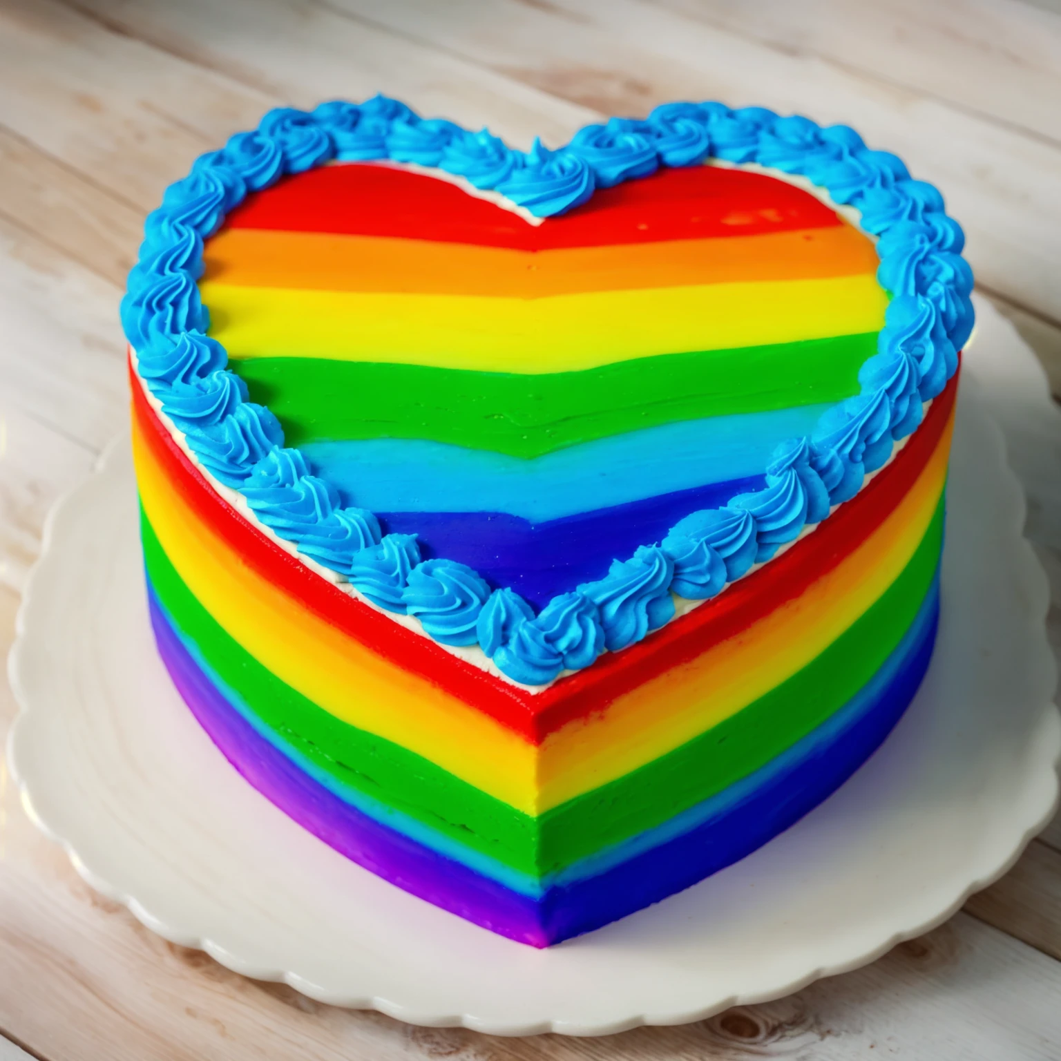 on a wooden table, worth a heart shaped cake, rainbow gradient cream cake, Cream cake , cream texture, Realistic style, realistic texture, bright lighting, high quality, detailed texture, Beautiful light from the window, beautiful lighting, high detail,  ultra 4k hd 