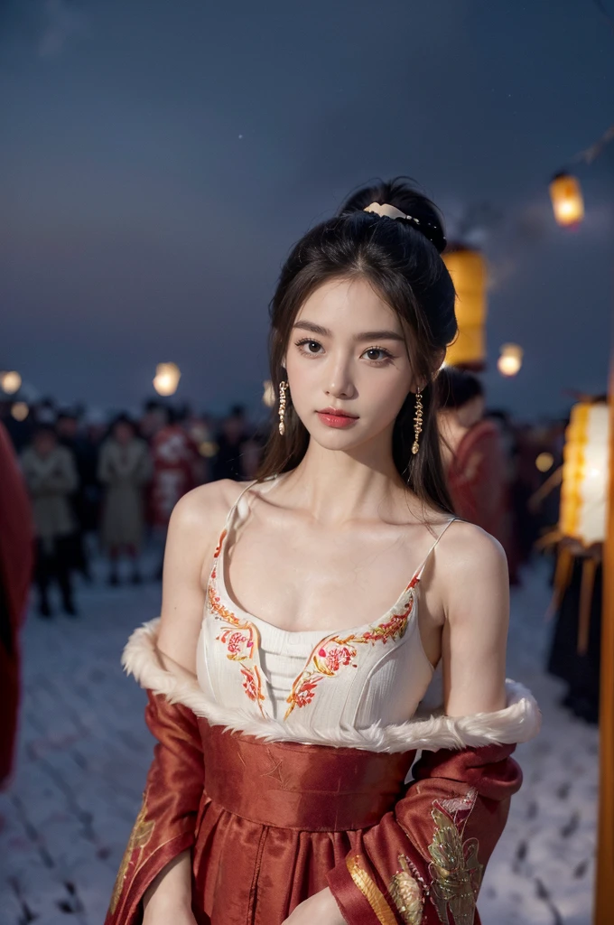 ((((8k))),((Extremely meticulous CG)) ,(wallpaper),16k,((Extremely refined and beautiful)),(((Masterpiece))),(((best qualtiy))),(((Ultra High Resolution))),beautiful light up,Perfect lightning,realistic shaded,[A high resolution],(Smooth and flawless fair skin:1.5),(pale skin:1.3),Extremely exquisite facial details,(perfect body:1.1),ultra-detailed,A beautiful girl,solo,(small head:1.2),(short ponytail:1.1),(small face:1.2),Exquisite makeup,(small breasts:1.2),(flat chests:1.2),((slim,thin)),happy,(smile:1.2),(fur collar:1.2),(Gorgeous Exquisitely embroidered fur edged red robe:1.5),(red hakama:1.2),(night scene:1.3),(bright full moon:1.3),(outdoor:1.2),(On the street:1.3),(In ancient Chinese town:1.3),(detailed background:1.5),(standing:1.3),(arms behind back:1.3),(close-up of face:1.3),(from front:1.3),(surrounded by crowded crowds:1.5),(winter:1.3),(many lanterns:1.3),(the sky is full of fireworks:1.3)