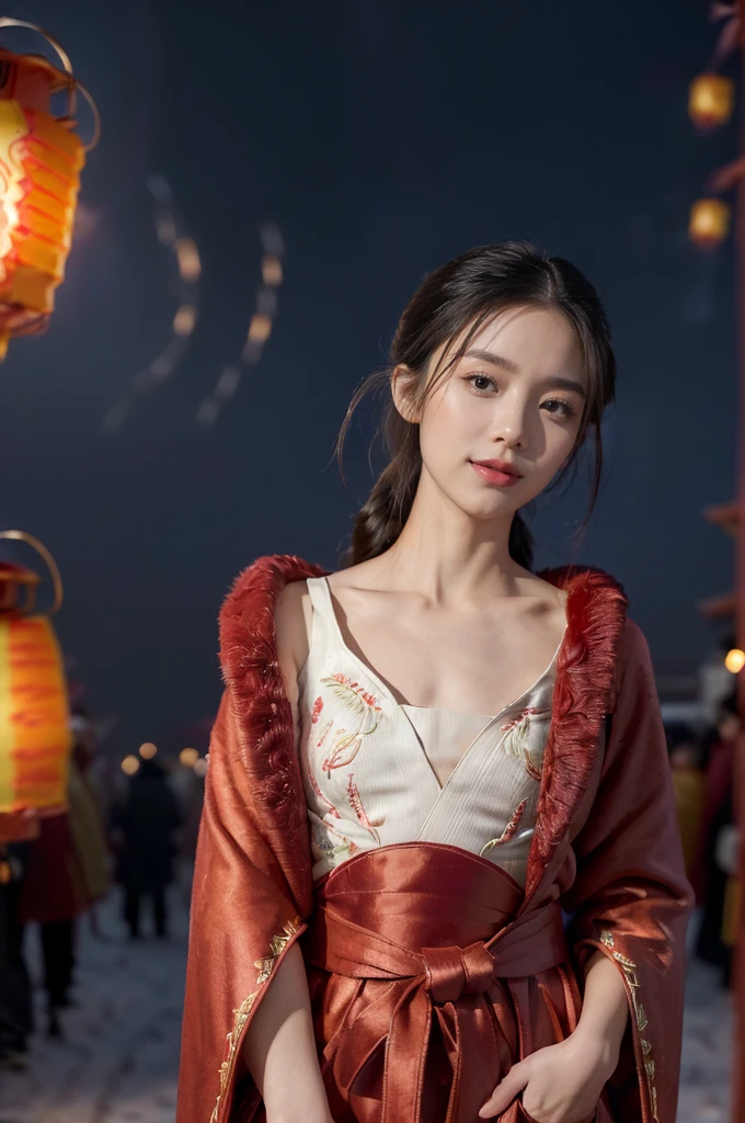 ((((8k))),((Extremely meticulous CG)) ,(wallpaper),16k,((Extremely refined and beautiful)),(((Masterpiece))),(((best qualtiy))),(((Ultra High Resolution))),beautiful light up,Perfect lightning,realistic shaded,[A high resolution],(Smooth and flawless fair skin:1.5),(pale skin:1.3),Extremely exquisite facial details,(perfect body:1.1),ultra-detailed,A beautiful girl,solo,(small head:1.2),(short ponytail:1.1),(small face:1.2),Exquisite makeup,(small breasts:1.2),(flat chests:1.2),((slim,thin)),happy,(smile:1.2),(fur collar:1.2),(Gorgeous Exquisitely embroidered fur edged red robe:1.5),(red hakama:1.2),(night scene:1.3),(bright full moon:1.3),(outdoor:1.2),(On the street:1.3),(In ancient Chinese town:1.3),(detailed background:1.5),(standing:1.3),(arms behind back:1.3),(close-up of face:1.3),(from front:1.3),(surrounded by crowded crowds:1.5),(winter:1.3),(many lanterns:1.3),(the sky is full of fireworks:1.3)