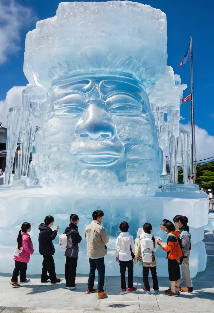 A giant ice sculpture of Okinawa's guardian deity, the Shisa, is being made.、photograph、Realistic、Looking up from below、In Naha、
