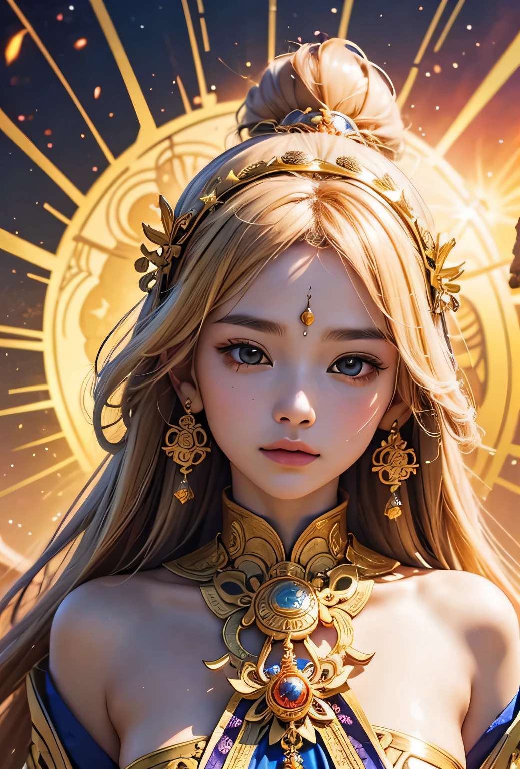 "Child of the Sun, Goddess of Love": Within a sacred sanctuary bathed in sunlight, depict the figure of a sun goddess who governs love, facing forward and emanating divine radiance. She is a , around 3 years old. Zoom in to focus on her face, with a gleaming orb of light in her hands, representing the life-giving power of the sun. Her hair is shimmering gold, and she is wearing a traditional miko outfit as seen in Japanese shrines. The background should be predominantly gold, evoking a sense of divine splendor, with numerous heart-themed objects expressing the beauty of love. The setting is in heaven, enveloped in soft, bright light, where one can find tranquility and peace of mind, free from any trace of anxiety.Straight-on.