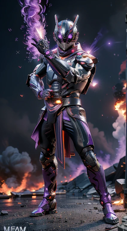 (kamen rider, (close up punch to viewer), full body detailed, detailed hands, good fingers, good hands, good legs, scarf, low hood, ruins, floating, explosion, debris, some fire and glitter background, ((purple glowing core in armor)), ultra hd, ultra realistic texture, (flare lens:1.2), (long shot:0.9)