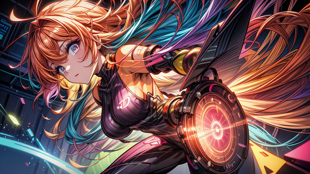 anime glowing fluorescent curly hair, neon orange neon purple color