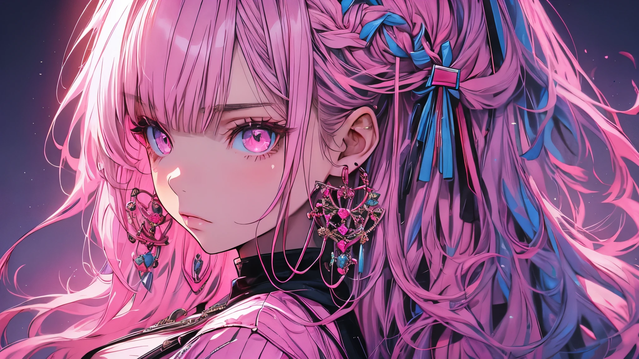 Hongliu, 1 girl, alone, long hair, looking at the viewer, blue eyes background, white background, jewelry, closed mouth, Jacket, Upper body, pink hair, earrings, pink eyes, necklace, From the side, sweater, lips, eyelash, compensate, wavy hair, earrings, cross, lipstick, ear earrings, eye shadow, hoop earrings, pink lips, multicolored eyes, pink theme, , pink eye shadow,
