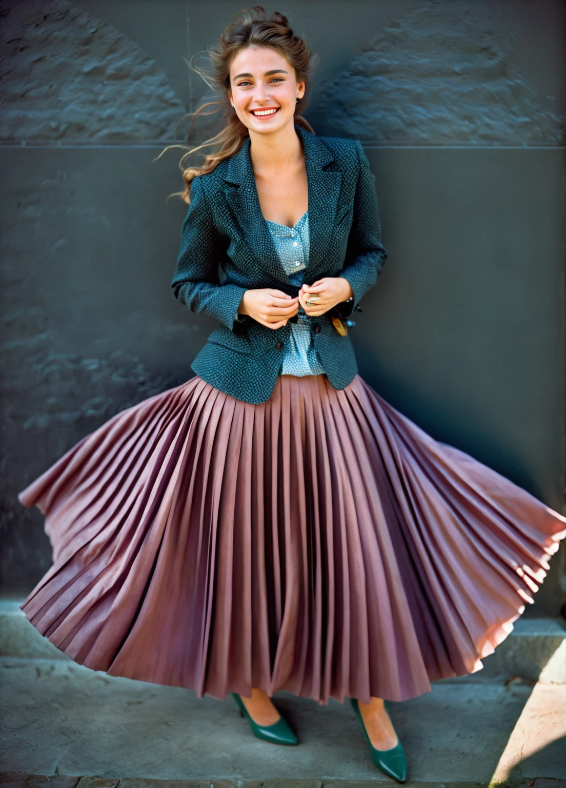 A smiling, authentic, (shy:1,3), kind, beautiful woman, is passionately in love with her skirt, wind wildly lifts her skirt, wearing uniform jacket and very, very detailed (long (fully pleated) full circle skirt) and (low heeled court shoes), very, very intricate hyper-detailed symmetric (attractive graceful young feminine face) with (sad, tired eyes and a loving smile), very voluptuous breasts, full of empathy and compassion and love, (pronounced (feminine) features), (highly detailed ultra accurate realistic) hands and fingers, (windy), epic composition, highly detailed attributes, (35mm f1.4 Kodak portra 400 photograph), extremely high quality RAW photograph, highly detailed atmosphere, sci-fi, cinematic shot, dynamic lighting, 75mm, Technicolor, Panavision, cinemascope, sharp focus, fine details, 8k, HDR, realism, realistic, key visual, film still, superb cinematic color grading, depth of field
