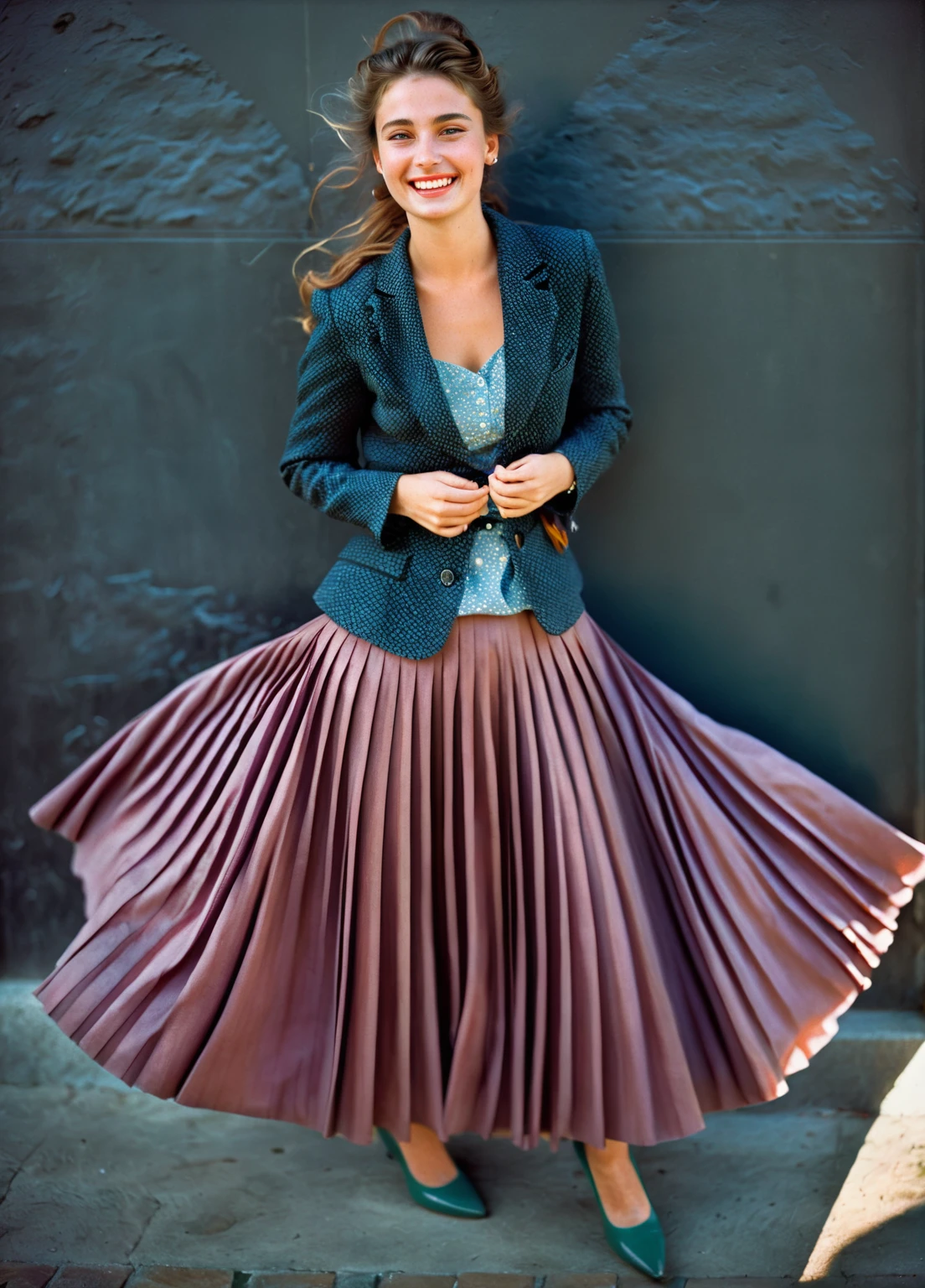 A smiling, authentic, (shy:1,3), kind, beautiful woman, is passionately in love with her skirt, wind wildly lifts her skirt, wearing uniform jacket and very, very detailed (long (fully pleated) full circle skirt) and (low heeled court shoes), very, very intricate hyper-detailed symmetric (attractive graceful young feminine face) with (sad, tired eyes and a loving smile), very voluptuous breasts, full of empathy and compassion and love, (pronounced (feminine) features), (highly detailed ultra accurate realistic) hands and fingers, (windy), epic composition, highly detailed attributes, (35mm f1.4 Kodak portra 400 photograph), extremely high quality RAW photograph, highly detailed atmosphere, sci-fi, cinematic shot, dynamic lighting, 75mm, Technicolor, Panavision, cinemascope, sharp focus, fine details, 8k, HDR, realism, realistic, key visual, film still, superb cinematic color grading, depth of field